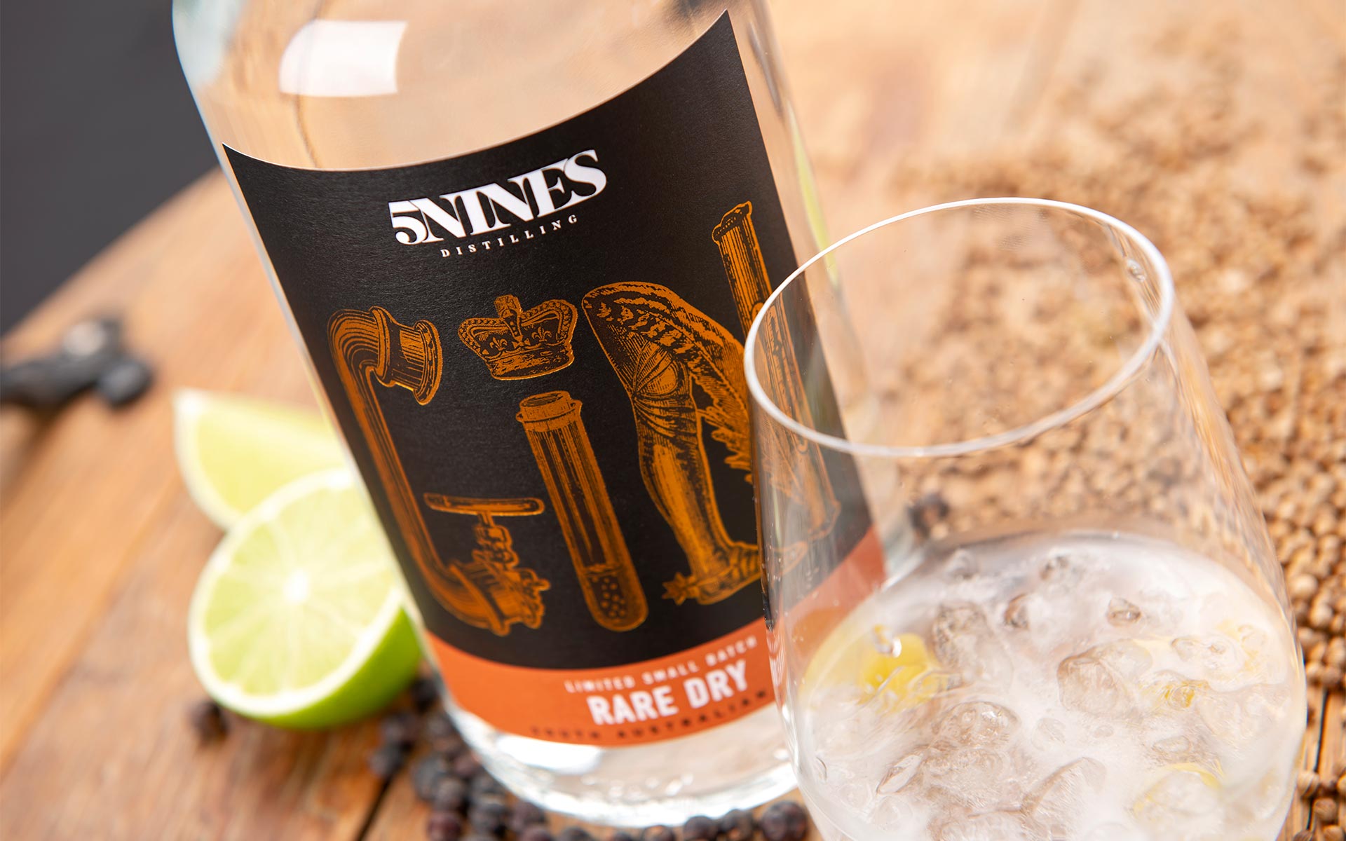 5Nines Rare Dry gin bottle, lime and served drink