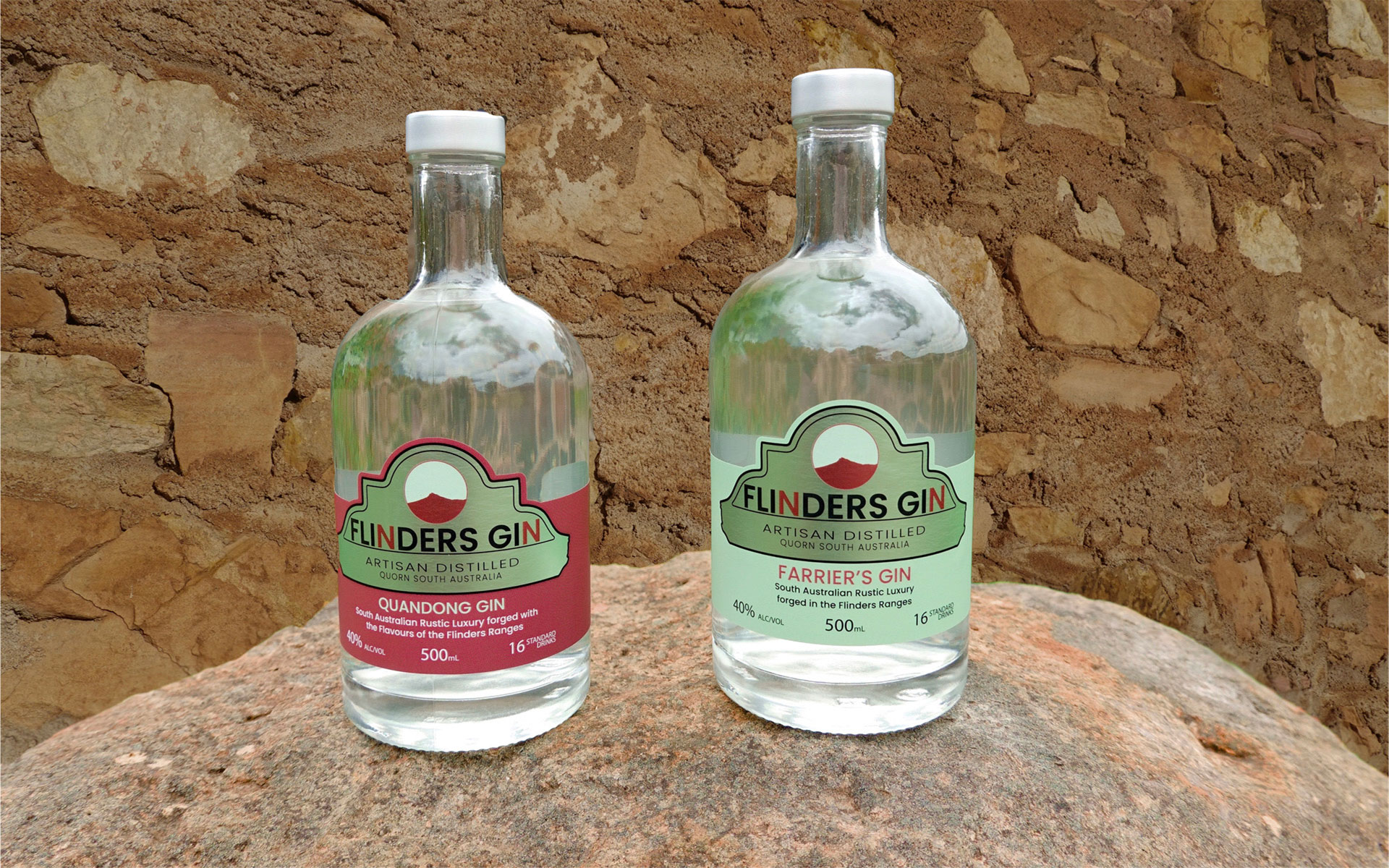Flinders Gin - Signature Gins - Quandong and Farriers gins on a rock
