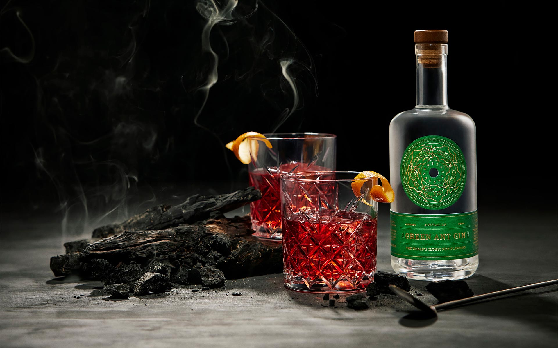 Seven Seasons Green Ant Gin and Negronis with smoking coals