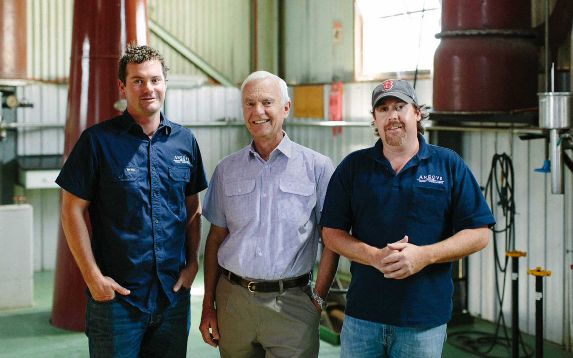 Three core members of the Angove and St Agnes team in the distillery